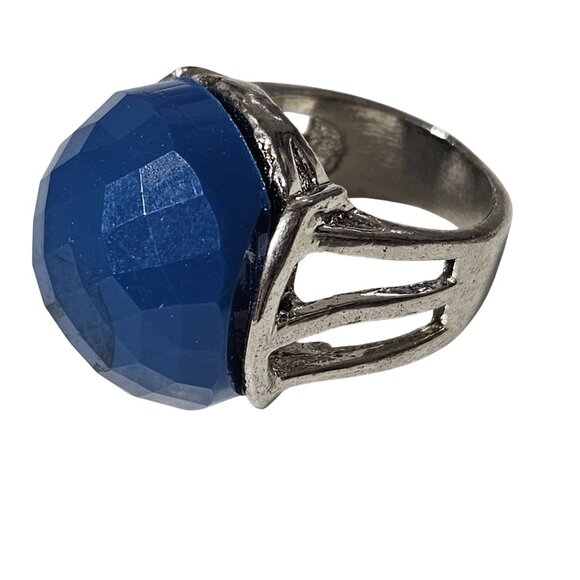 Elegant Blue Faceted Gemstone Silver Tone Chunky Dome Ring Open Band Jewelry - Picture 2 of 5